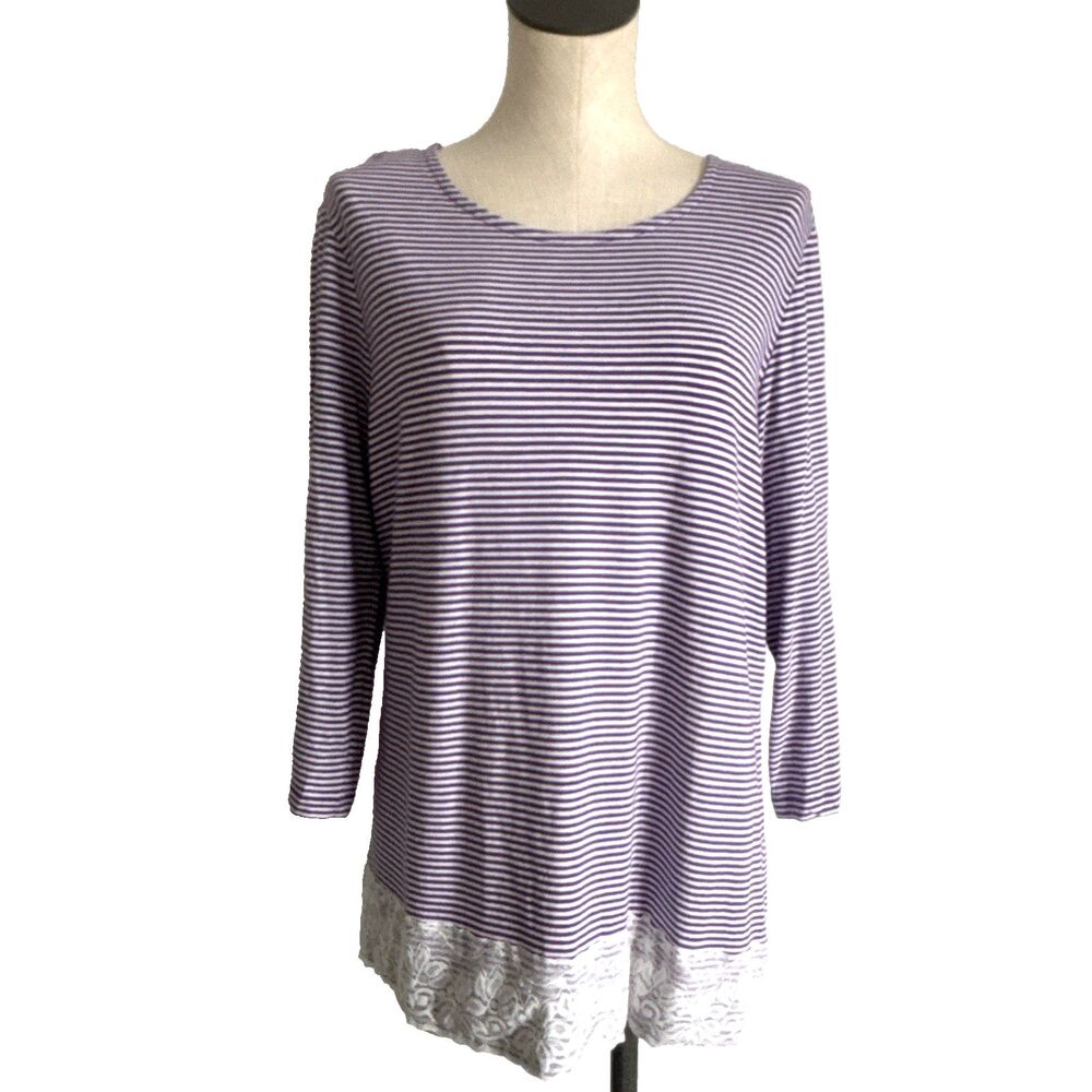 Christopher & Banks Purple Stripe Tunic Top Lace Trim Women's Size Large